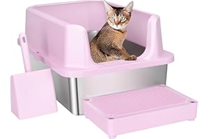 RIZZARI Open Cat Litter Box: Large Pink Stainless Steel Litter Pan 23.8" x 16" x 12" - High Sided Splash-Proof Easy Clean Toilet for Cats up to 20 lbs - Ideal for Living Rooms - Apartments