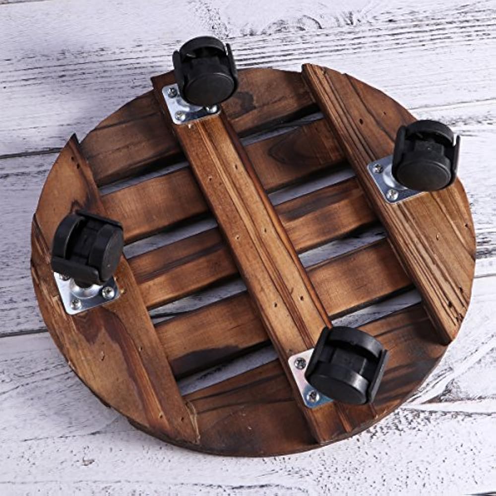 Wooden Movable Potted Plant Round Flower Stand With Wheels 