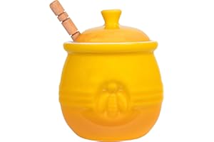 Creative Co-Op Yellow Stoneware Honey Pot with Lid & Wood Honey Dipper