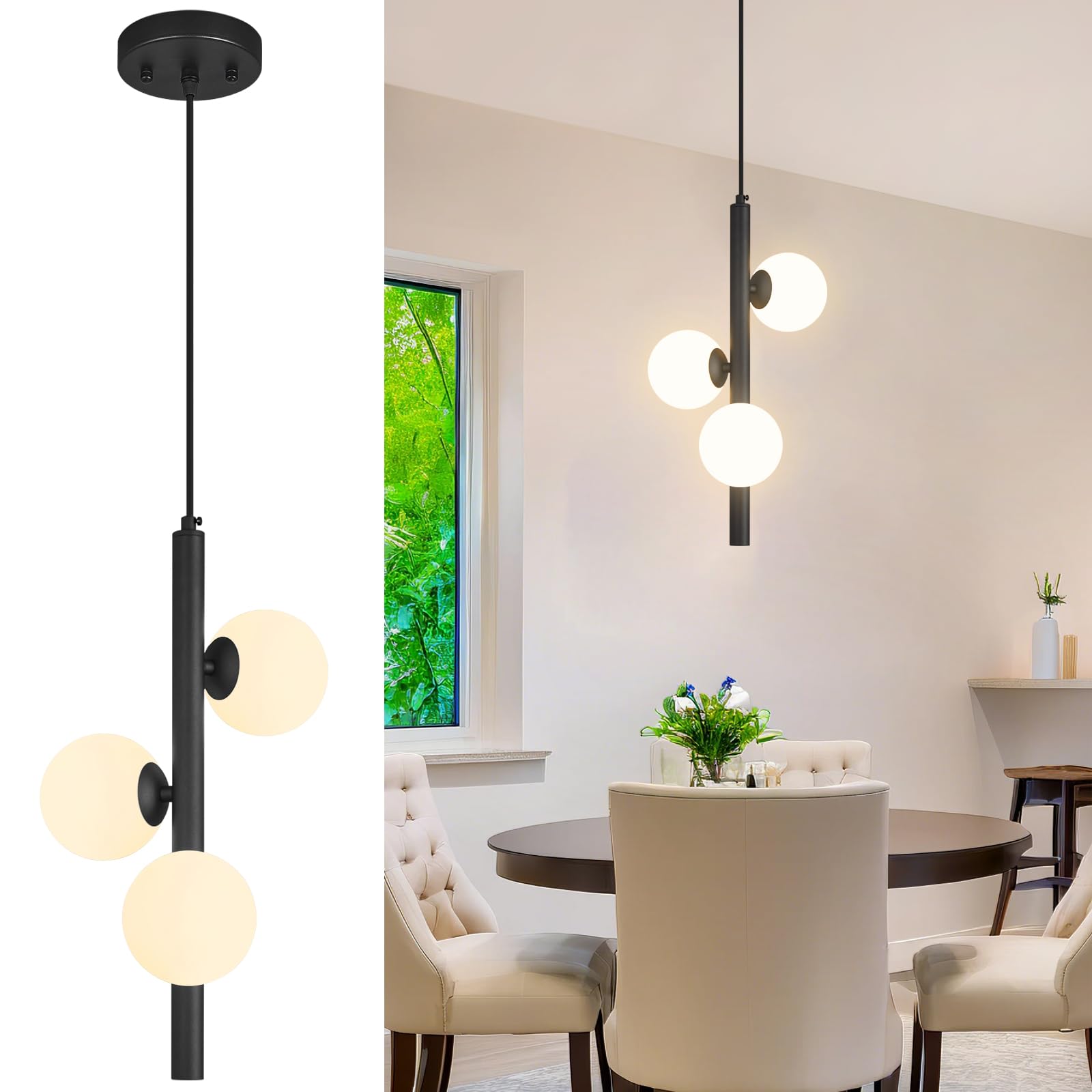Photo 1 of FDPBY Black Pendant Lights Kitchen Island 3 Light Milk Glass Pendant Light Mid Century Modern Chandelier Mini Small Glass Globe Pendant Lighting for Kitchen Island Bedroom Dining Room