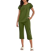 Ekouaer Capri Cotton Pajama Sets Short Sleeve Pleated Top and Pants 2 Piece Pjs Sleepwear with Pockets for Women