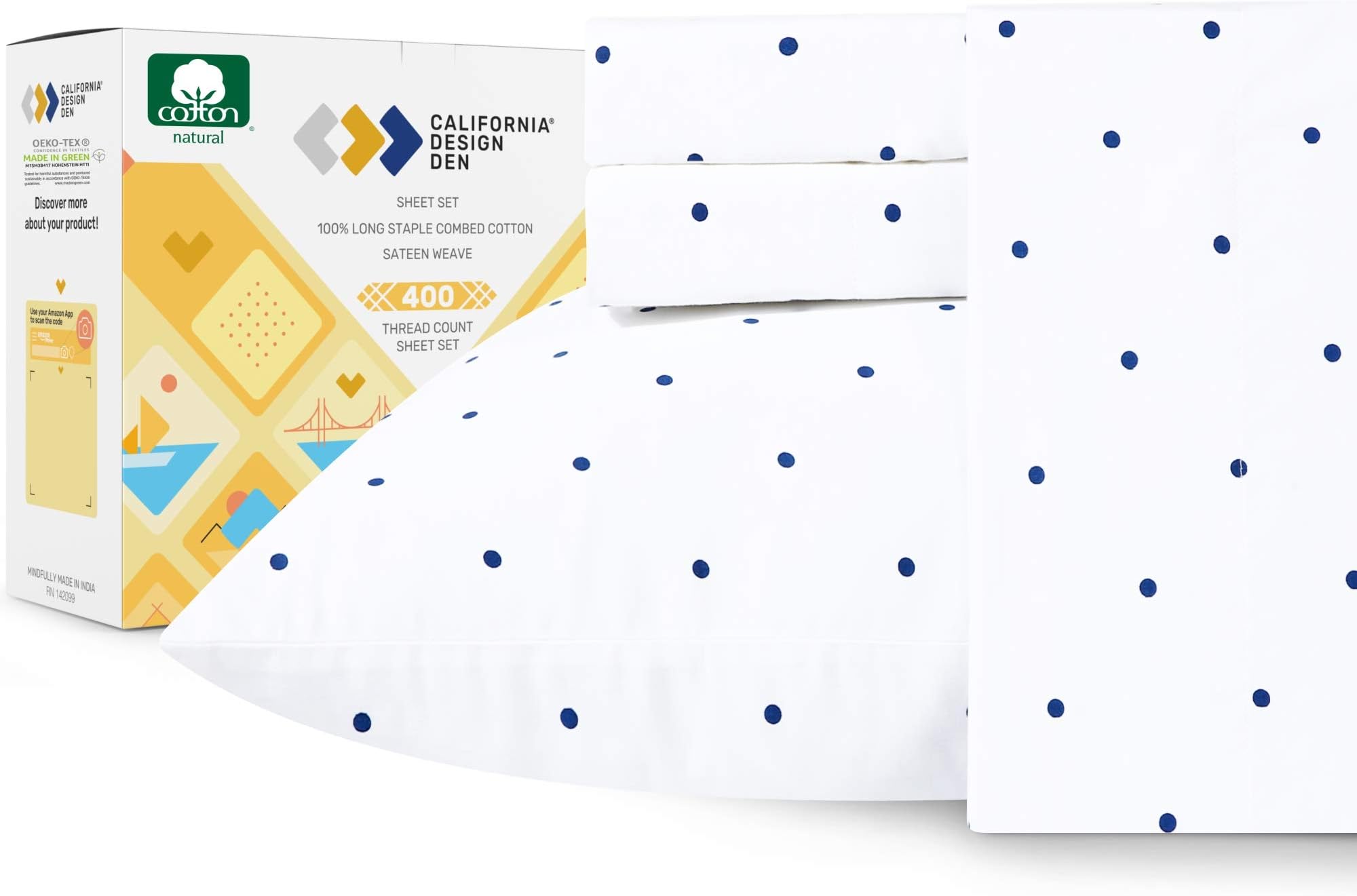 California Design Den Polka Dot Sheets Softest 100% Cotton Sheets for California King Size Bed, Luxury 400 Thread Count Sateen, 4 Piece Deep Pocket Printed Pattern (Polka Dot)