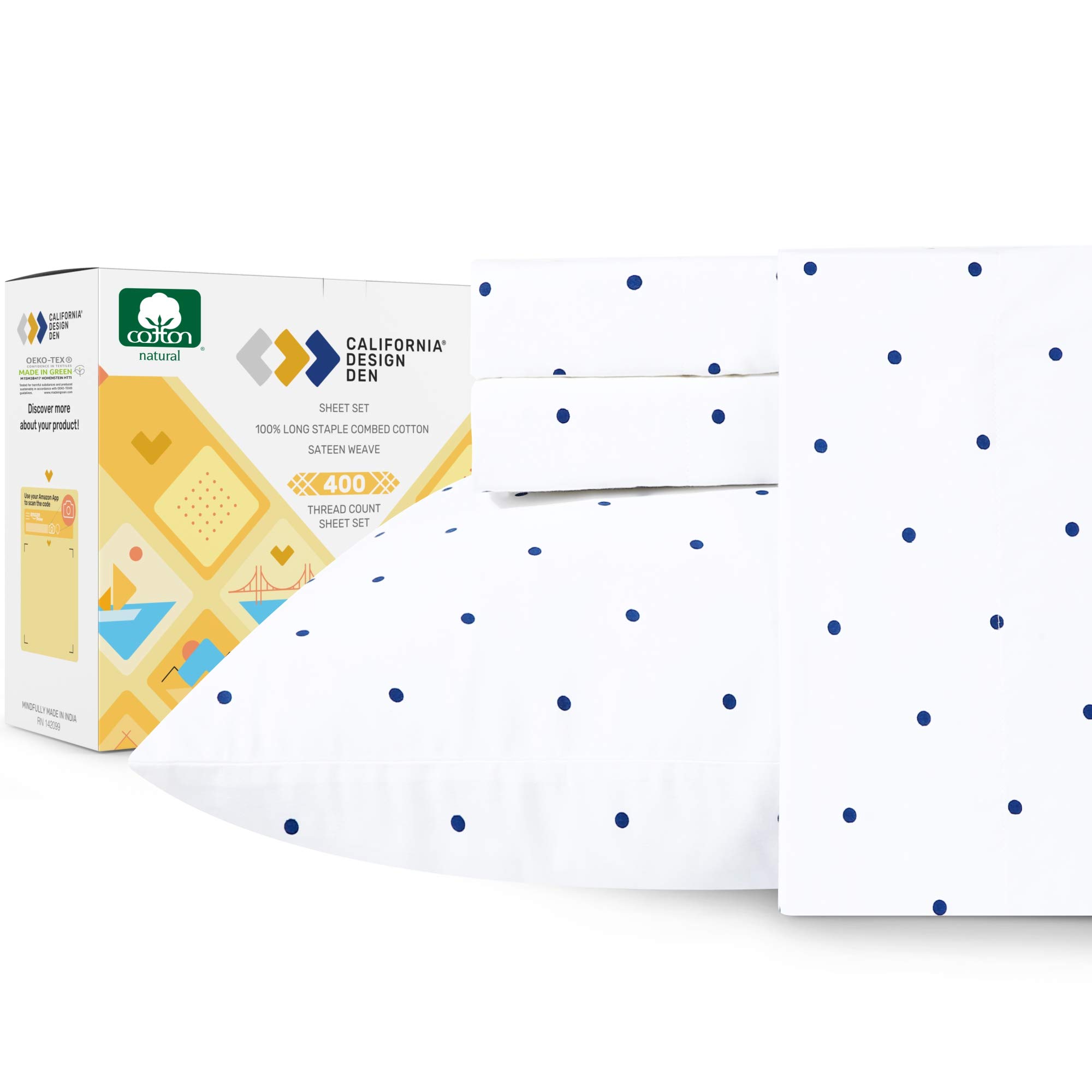 California Design Den Polka Dot Sheets Softest 100% Cotton Sheets for California King Size Bed, Luxury 400 Thread Count Sateen, 4 Piece Deep Pocket Printed Pattern (Polka Dot)