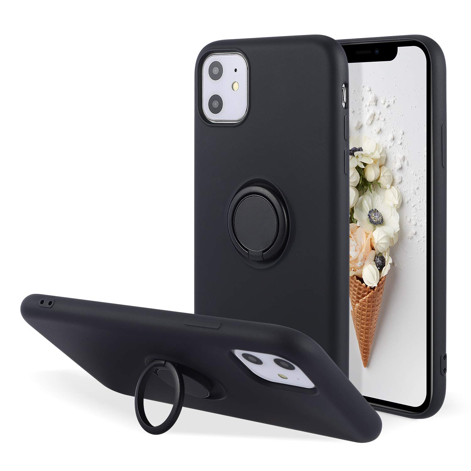 UEEBAI Case for iPhone 11 6.1 inch, Ultra Slim Liquid Silicone Phone Case with 360 Rotatable Ring Holder Kickstand with Magnetic Car Mount Gel Rubber TPU Bumper Shockproof Cover for iPhone 11 - Black