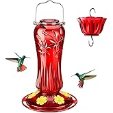 Kingsyard Glass Hummingbird Feeders for Outdoors Hanging, Hummingbird Nectar Feeder with Ant Moat & 6 Bee Guard Feeding Ports, 25 Ounces Leak Proof (Red)