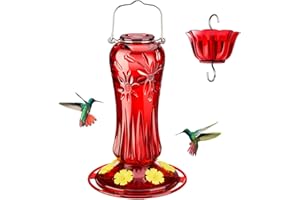 Kingsyard Glass Hummingbird Feeders for Outdoors Hanging, Hummingbird Nectar Feeder with Ant Moat & 6 Bee Guard Feeding Ports, 25 Ounces Leak Proof (Red)