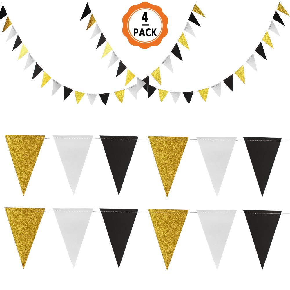 Dadabig 4 Pack 12M/40Feet Valentine's Day Double Sided Glitter Paper Triangle Flag, Black and Gold Bunting Decoration Party Supply Birthday Pennant for Xmas Wedding Birthday Party Anniversary