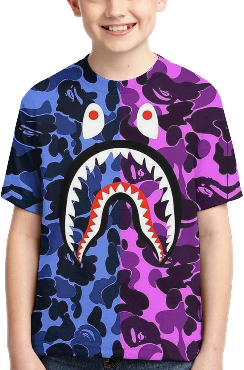Ba-pe Red Camouflage Shark Face Youth T-Shirt Tees Casual Short Sleeve Funny Fashion Tops Custom Shirt for Boys Girls