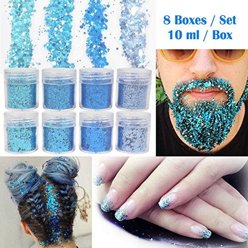 COKOHAPPY 8 Boxes Sky Blue Chunky Glitter Makeup, Holographic Flake Cosmetic Sequins Glitter, Ultra-thin Nail Art Iridescent Sparkle Mixed Glitter for Face Body Hair