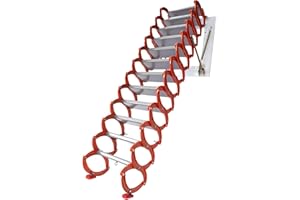 KWCWB 12 Steps Wall-Mounted Attic Ladder,Folding Stairs with Handrails,Maximum Load Capacity 880 Lbs,Attic Ladder Pull Down System-Suitable for Attics, Garages, Roofs, Basements (Orange White)