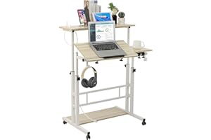 SIDUCAL Mobile Stand Up Desk, Adjustable Laptop Desk with Wheels, Storage Desk Home Office Workstation with USB Ports and Outlets, Rolling Table Laptop Cart for Standing or Sitting, Beige