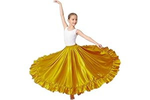 WJPUUS Satin Full Long Skirt for Circle Ruffle Skirt Satin Flowy Latin Belly Dance Umbrella Dress for Girls 8-12 Years