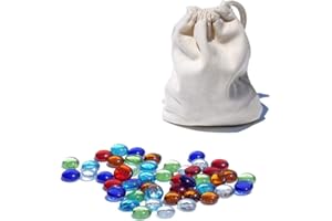 WE Games Replacement Glass Mancala Stones, 48 Pcs - 0.5-Inch Flat Assorted Colors, with Cloth Drawstring Bag – Travel-Friendly Two-Player Board Games