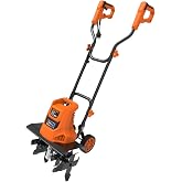 GARCARE 15A Corded Tiller Cultivator &ndash; 18" Width, 6 Steel Tines Rototiller | 4-position wheels for easy maneuverability. 6 steel tines break soil to 9" depth. Ideal for garden, lawn &amp; yard tilling.