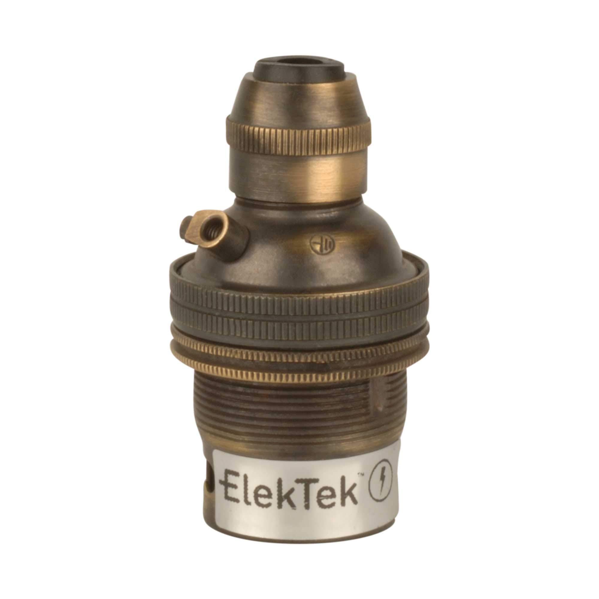 ElekTek B22 BC Bayonet Brushed Antique Brass Cord Grip Ceiling Pendant Unswitched Lamp Light Bulb Holder with Shade Ring - For use with Ceiling Rose and Lighting Flex (7mm Max. Dia.) - Made in UK