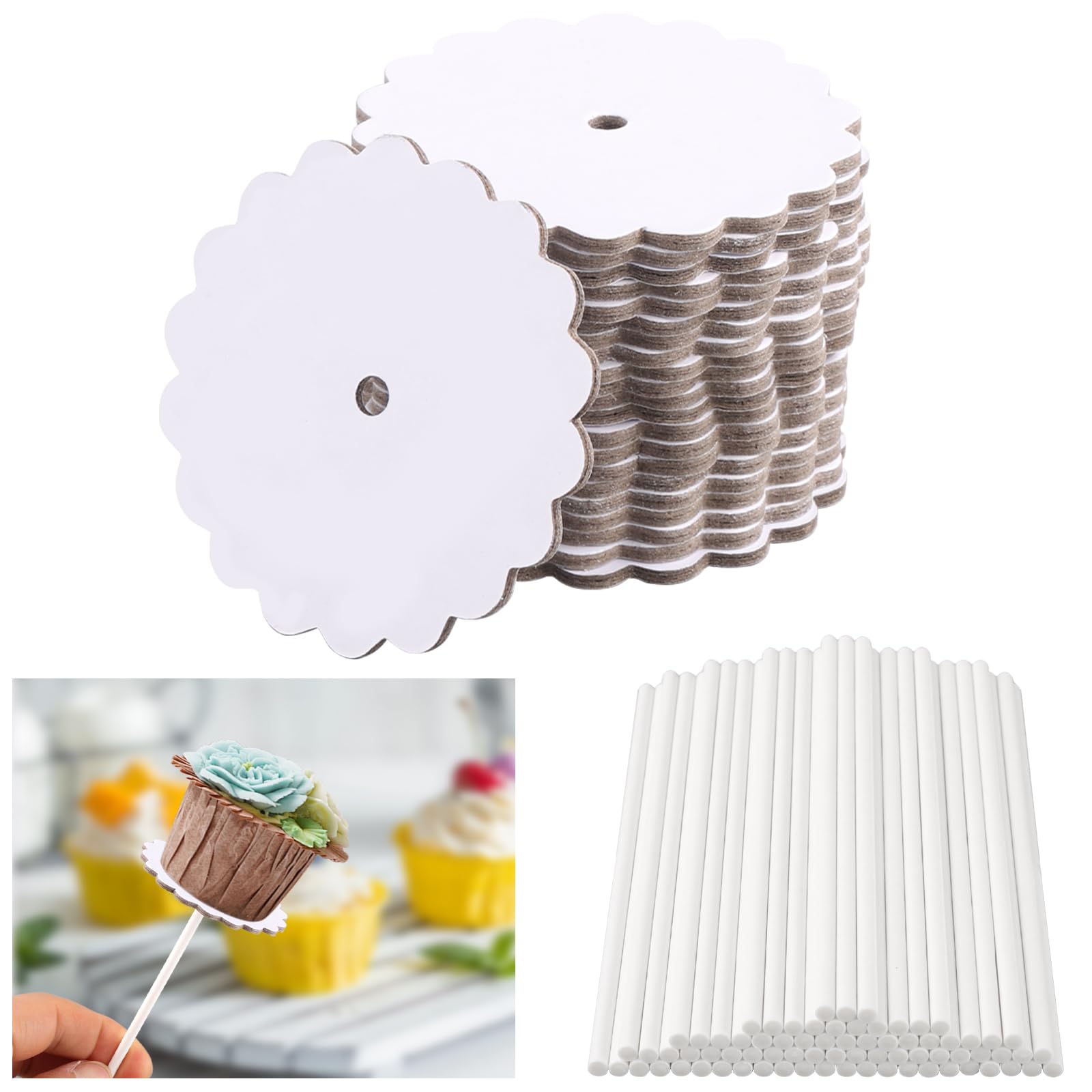 Photo 1 of 100 Set Scalloped Cake Pop Boards with Cake Pops 2 Inch Round White Scalloped Mini Cupcake Base Cardboard or Birthday Party Wedding Cupcakes Pastries Desserts