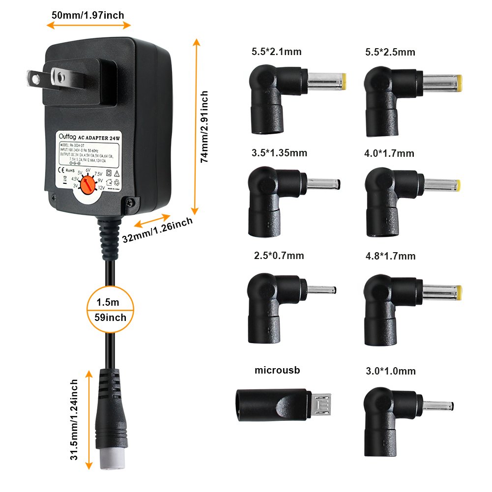 Outtag 24W 3v/ 4.5v/ 5v/ 6v/ 7.5v/ 9v/ 12v Regulated Multi Voltage Switching Replacement Power AC Adapter for Household Electronics Routers Speakers CCTV Cameras Smart Phone USB Charging Device