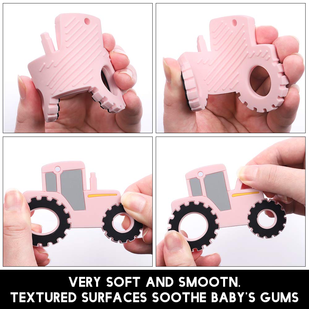 Baby Food Grade Silicone Tractor Car Teether Toy with Pacifier clip Holder,Teething Pain Relief Toys Gift Set for 3 Months+ Boys and Girls,Freezer Safe,BPA Free (Pink)