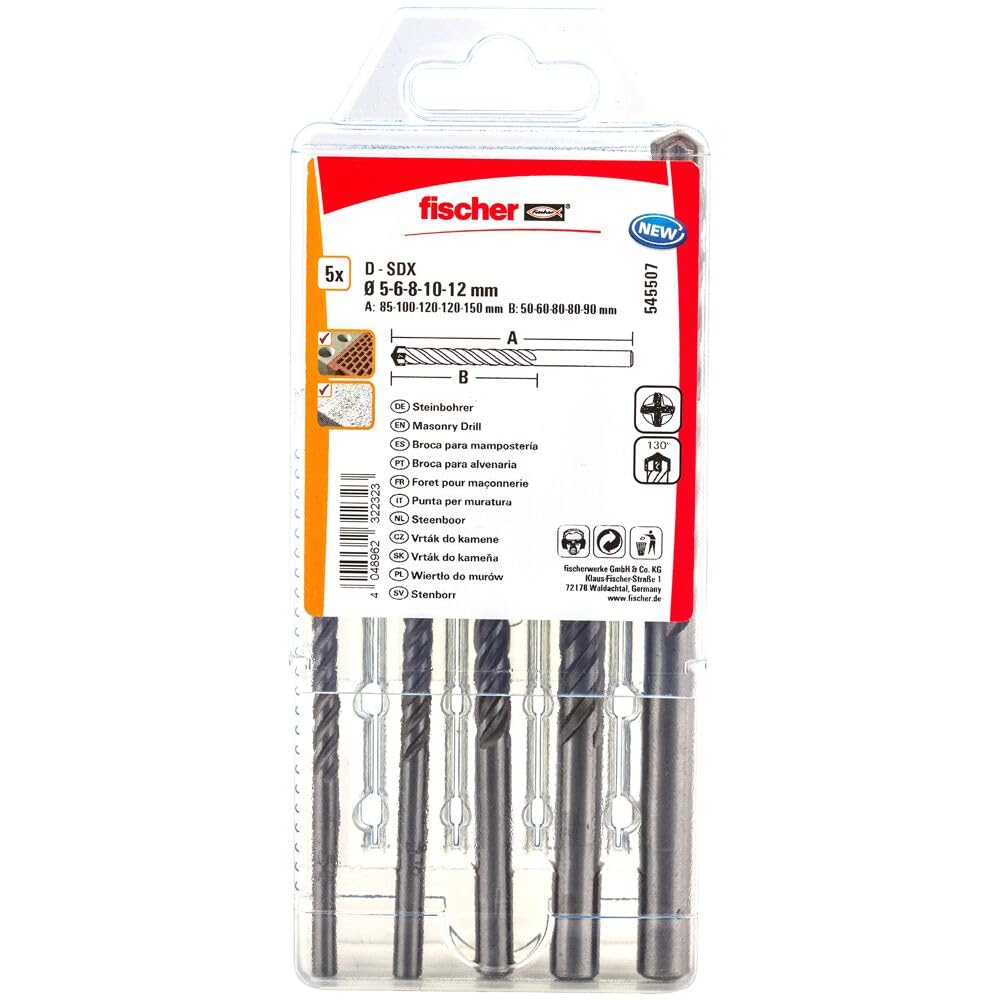 Fischer 545507 Bohrer D-SDX Sizes, 5-12 mm, 4-Cutting Head, Practical Set, 5 Masonry Drill Bits, Grey, 5-12mm