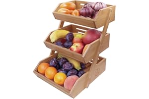 PALM NAKI Bamboo Fruit Basket 3-Tier - Sturdy & Attractive Space-Saving Fruit Stand Design, Easy Assembly, Enhanced Air Circulation, Modern Kitchen Display and Fruit Storage (3-Tier Natural Bamboo)