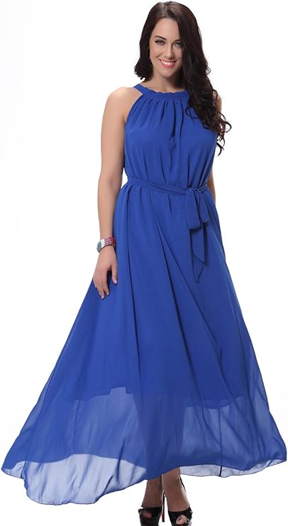 Darceil Women's Royal Blue Sleeveless Belted Bohemian Long Dress Plus Size (2XL, Royal blue) at 