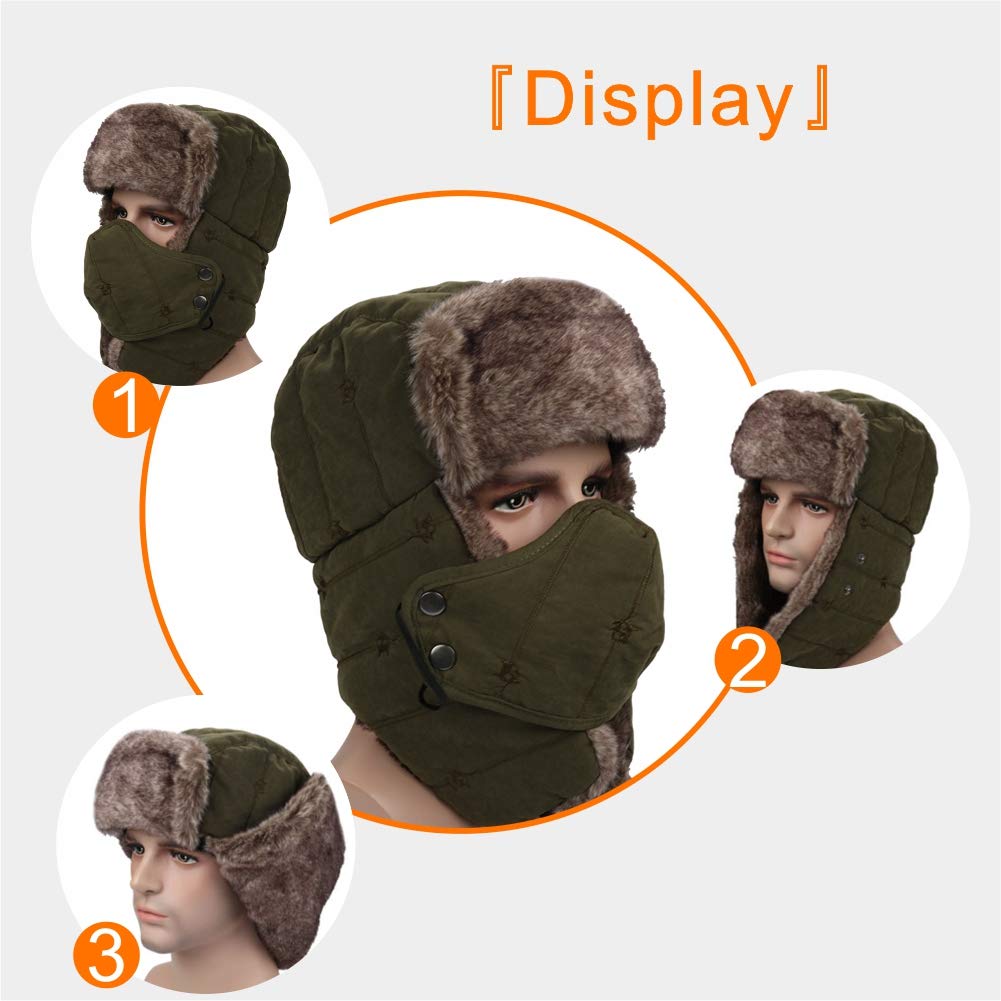 Winter Trapper Hat for Men Women Warm Ushanka Aviator Russian Windproof Hat with Mask,Army Green