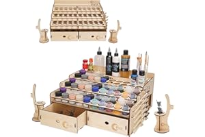 OPHIR Wooden Paint Organizer, Miniature Painting Storage Rack for 60 Acrylic Paint Bottles with 2 Drawers, 2 Painting Handle,