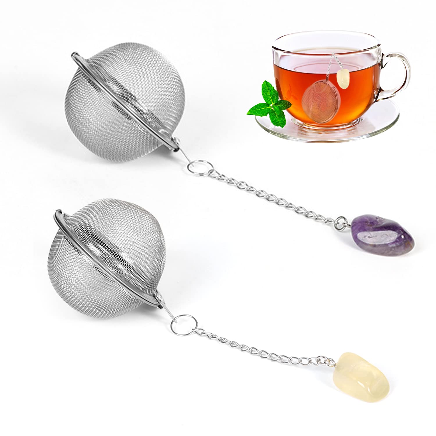 2 Stainless Steel Strainers - Fine Mesh, Crystal-Shaped Pendant, Used for Loose Tea, Coffee, Spices & Condiments