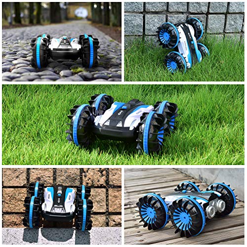 Yuboa Waterproof Remote Control Car Boat,4WD RC Cars 360 Degree Spins and Flip Water Land RC Vehicle 2.4Ghz,Double Sided Stunt Waterproof RC Truck Toy for Boys Kids Xmas Present Blue - Thumbnail 3