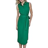 DKNY Womens Sleeveless Collared Neck Belted Midi Dress