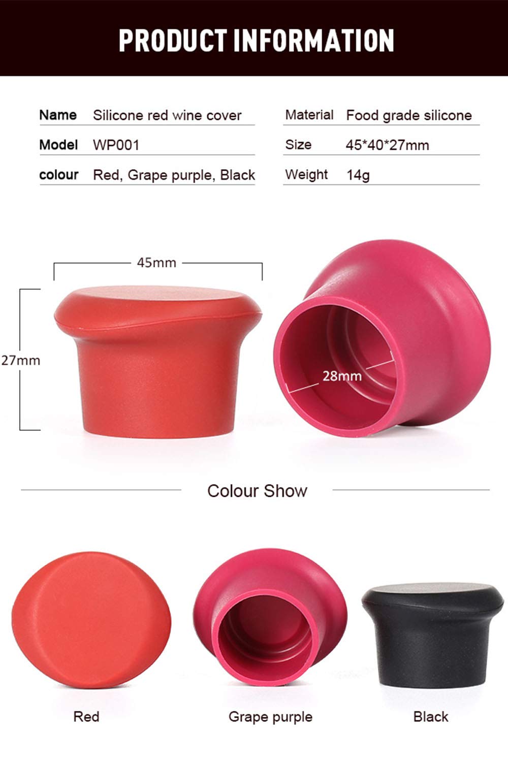 6 Wine Stoppers,Kitchenware Bottle Caps,Set of 6 Silicone Wine Reusable Caps Stoppers for Wine and Beer Bottles(Black2,Grape Purple 2,Red2)-P&M Home