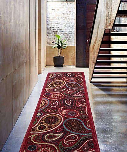 NEW Multi Paisley Design Rubber backed non-slip Runner Rug Carpet - Beige&Black - 2x7