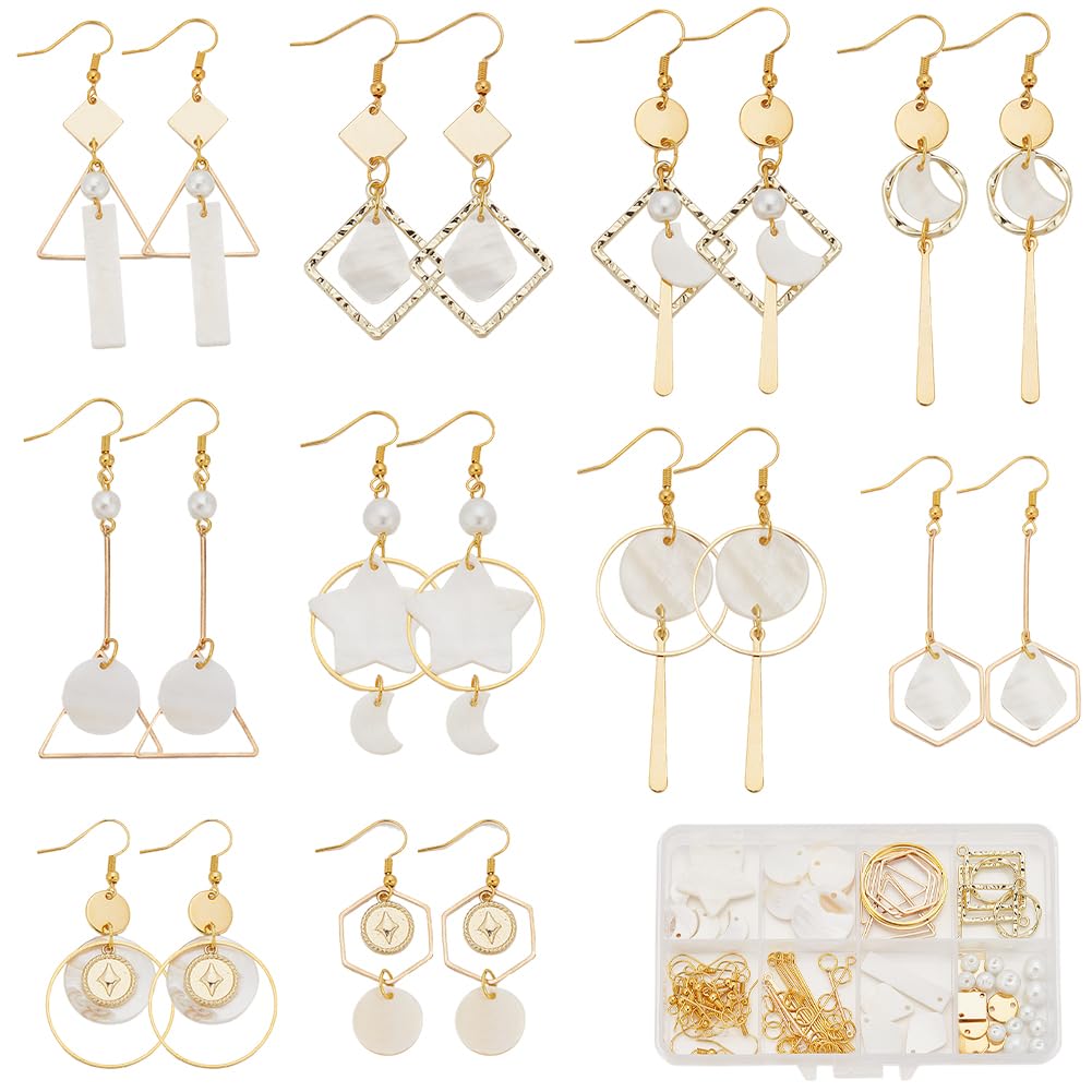 SUNNYCLUE 1 Box 10 Pairs Summer Drop Earring Making Kit Geometric Natural Shell Charm Flat Shells Charms Sea Shell Charms Bulk Hawaii Ocean Charms for jewellery Making Kits DIY Dangle Earrings Supplie