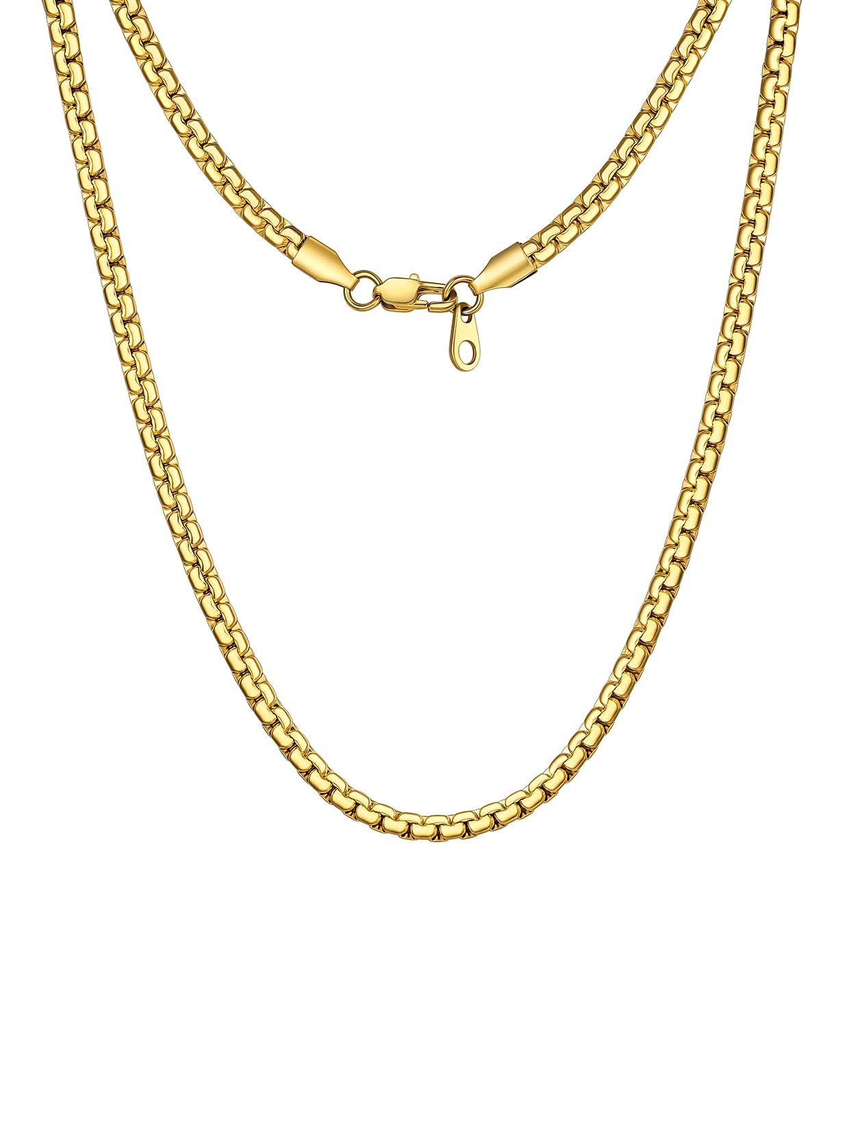 GoldChic Mens Stainless Steel Chain Gold Men Necklaces 4MM 28inches Solid Long Venetian Flat Box Chains Minimal Men's Necklaces Hypoallergenic Jewellery Gift