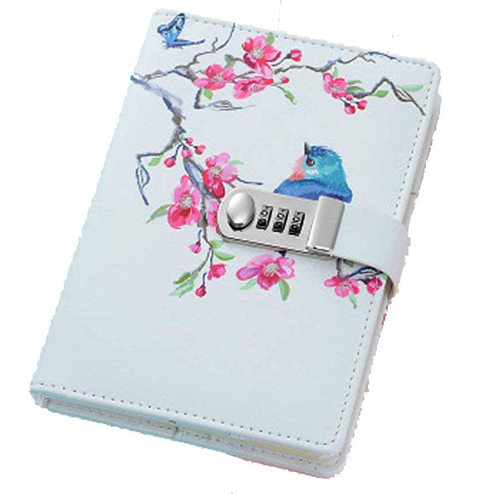 PU Leather Password Notebook Travel Daily Refillable Diary Sketchbook Planner Writing Secret Journal Planner Organizer with Combination Lock NPN112 (Bird)
