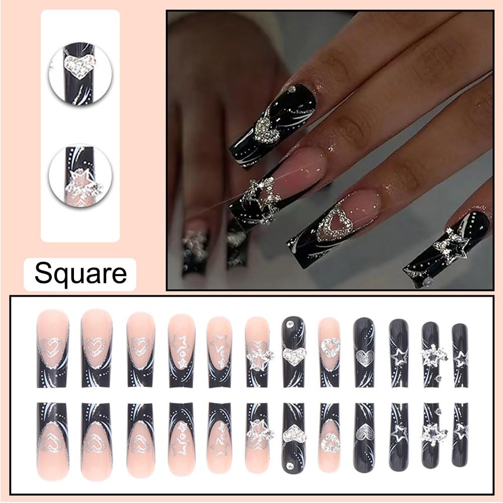 Black Press on Nails Long Square BAOYAALIN, Y2K Fake Nails with 3D Alloy Charms Design Gel Glue on Nails for Women Girls Full Cover Acrylic Artificial False Stick on Nail for Wedding 24Pcs in 12 Sizes - Image 2
