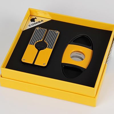COHIBA Yellow Classic 3 Torch Jet Flame Cigar Lighter W/ Saw Blade Cutter Punch