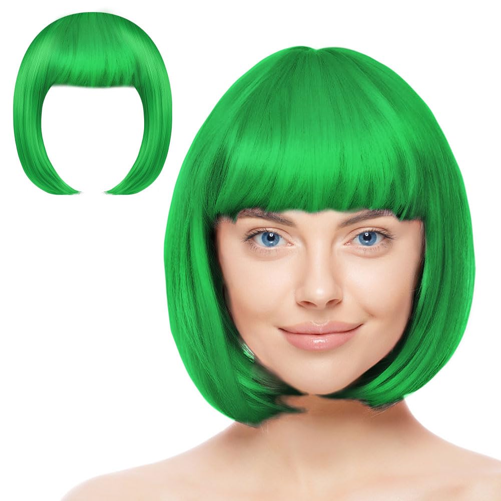 Aomig Short Bob Wig, 3 Pack Green Set With 2 Caps, Neon Fancy Dress Accessory for Cosplay Party, Synthetic Straight for Daily Halloween Decorations