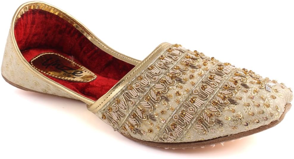 Unze Men “Riley” Flat Golden Traditional Indian Leather Punjabi Jutti Khussa UK Size 6-12