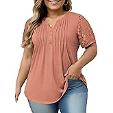 VISLILY Plus-Size-Womens-Summer-Tops Cute Henley V Neck T Shirts Dressy Lace Short Sleeve Blouse Trendy Casual Pleated Tunics
