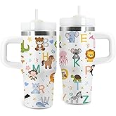 14 oz Kids Animal Alphabet Tumbler with with Handle Straw Lid, Stainless Steel Insulated Water Tumbler, Abc Letters Stuff, for Sports, School, Travel - Back to School Children Birthday Gifts Cups(1pc)