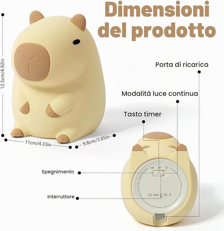 Capybara Luce Notturna per Bambini, Capybara Lampada Touch Control per Comodino, Ricarica USB e Timer, Dimmerabile Luce Notturna in Silicone, Luce Notturna Neonato Cameretta Bambina Regalo — foto 2 di 8