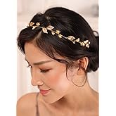 Lenjicons Golden Leaf Flower Headband Vintage Pearls Flower Hair Vine Boho Leaf Pearls Wedding Headpiece Handmade Bridal Hair Vine Golden Wedding Hair Accessories for Women