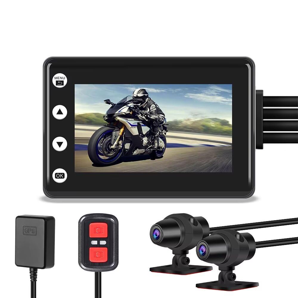 VSYSTO Motorcycle Dash Cam Front and Rear, 1080P Bike Camera with 3.0 Inches Screen, Dual Lens 140° Wide Angle Waterproof Motocam, WiFi, GPS, Night Vision, Loop Recording, G-Sensor