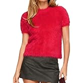 Covvoliy Women Y2K Furry Cropped Sweater Short Sleeve Crewneck Soft Fuzzy Sweater Knit Pullover Jumper Streetwear