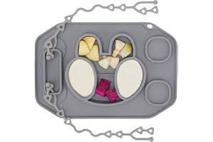 Hitseon Silicone Placemats for Kids, Non-Slip Food-grade Silicone Toddler Placemat with 2 Straps, 4 Built-in Suction Cups Portable Baby Food Mat for Home, Dishwasher Safe (Gray)