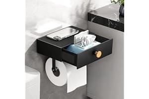 VOLDRA Toilet Paper Holder with Shelf Black Wipes Dispenser for Bathroom Stainless Steel Toilet Paper Holder with Storage Drawer Adhesive Wall Mount Small Bathroom Shelf