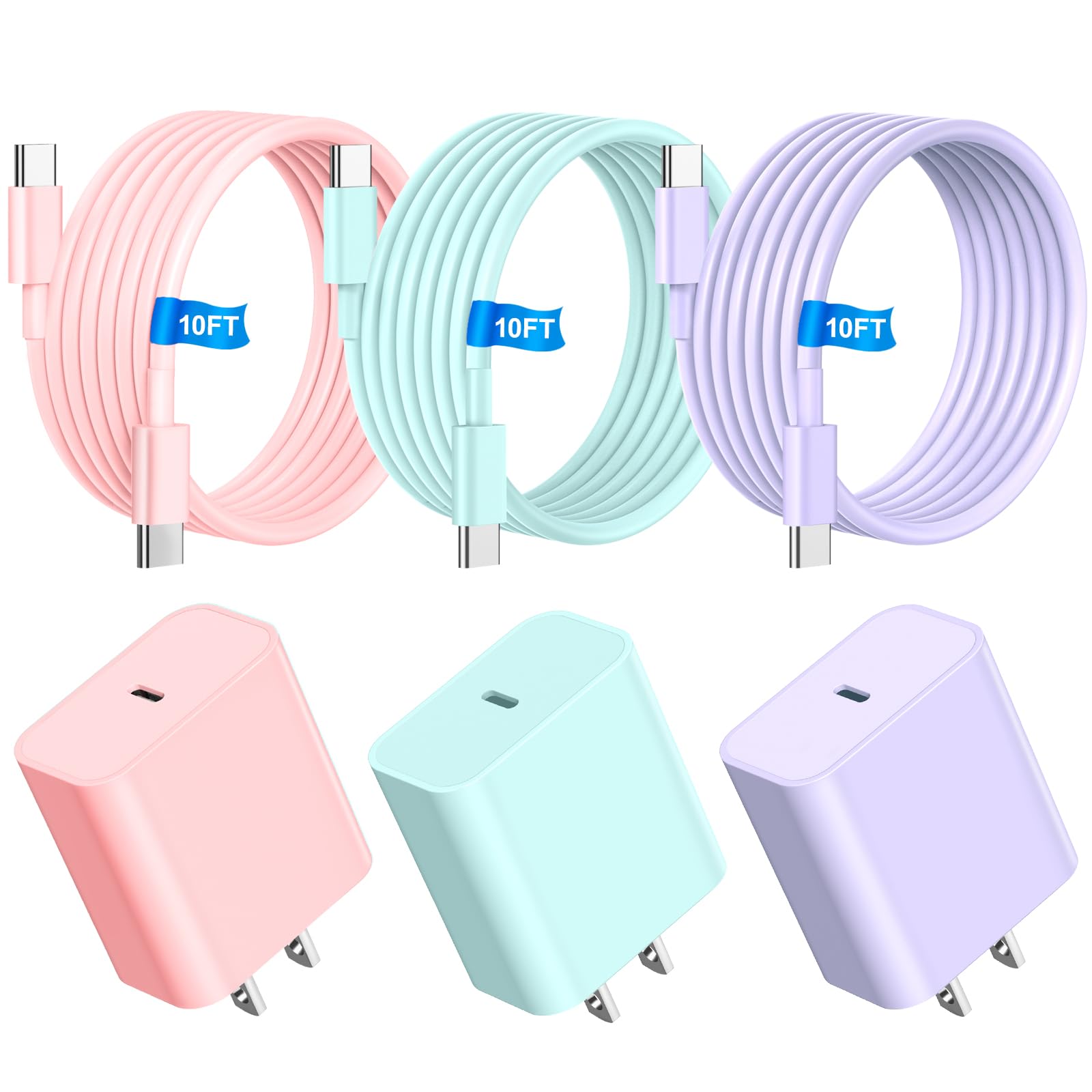 Photo 1 of 10FT Fast Charging Cable + 20W USB C Charger Block - Blue Green Pink