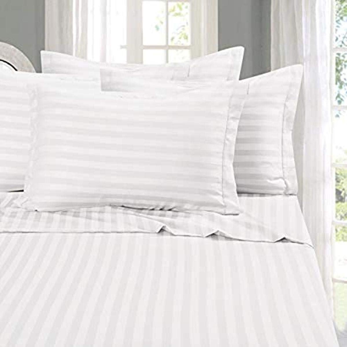 Elegant Comfort Wrinkle & Fade Resistant 1500 Thread Count - Damask Stripes Egyptian Quality Luxurious Silky Soft 4pc Sheet Set, Up to 16" Deep Pocket, California King, White