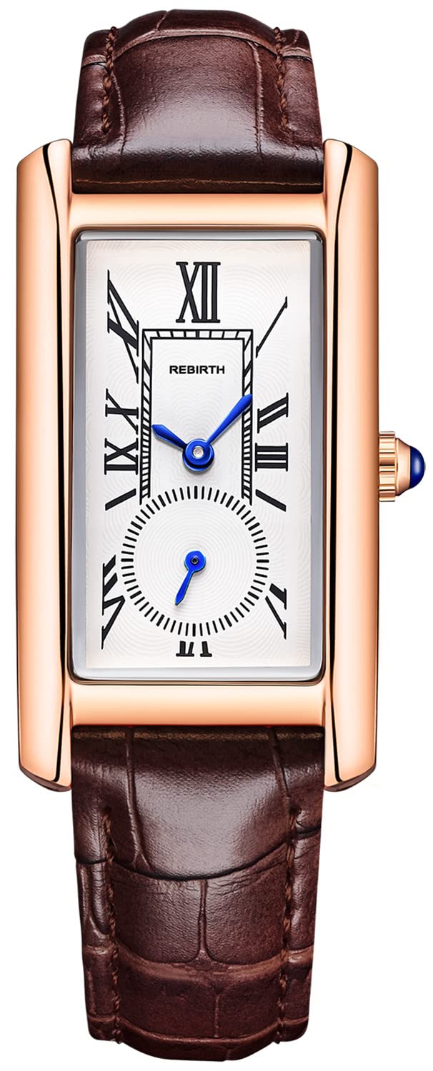 Women Quartz Watch Lady Stylish Rectangle Dress Watch with Leather Strap and Blue Crystal Crown, Rose Brown, Fashion, Vintage, Classic